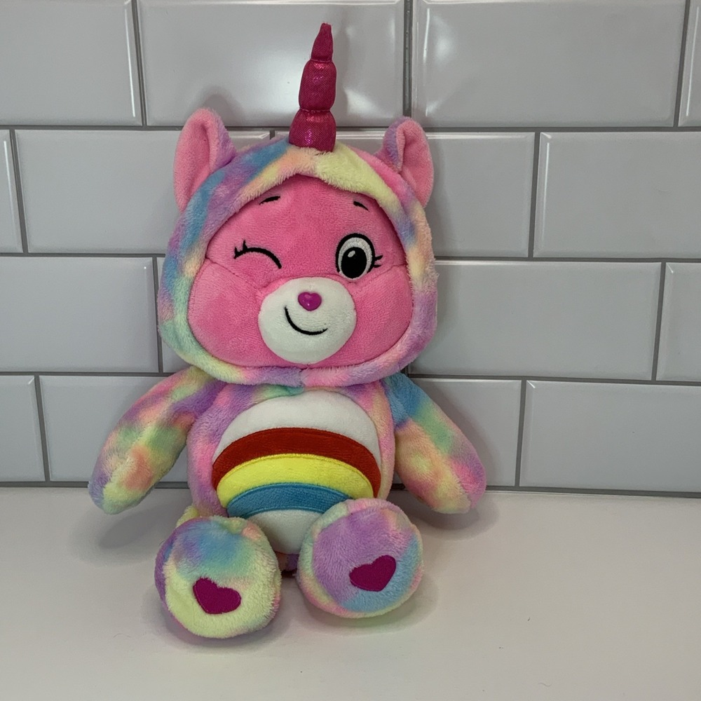 Care Bears Cheer Bear Plush Pink Rainbow Unicorn‎ Hoodie Tie Dye 2021 11 Inch